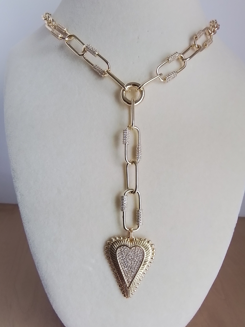 Gold Heart Pave Pendant Paperclip Necklace